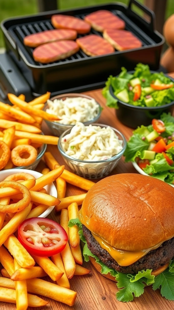 A table with various side dishes for hamburgers including fries, onion rings, coleslaw, and salad.